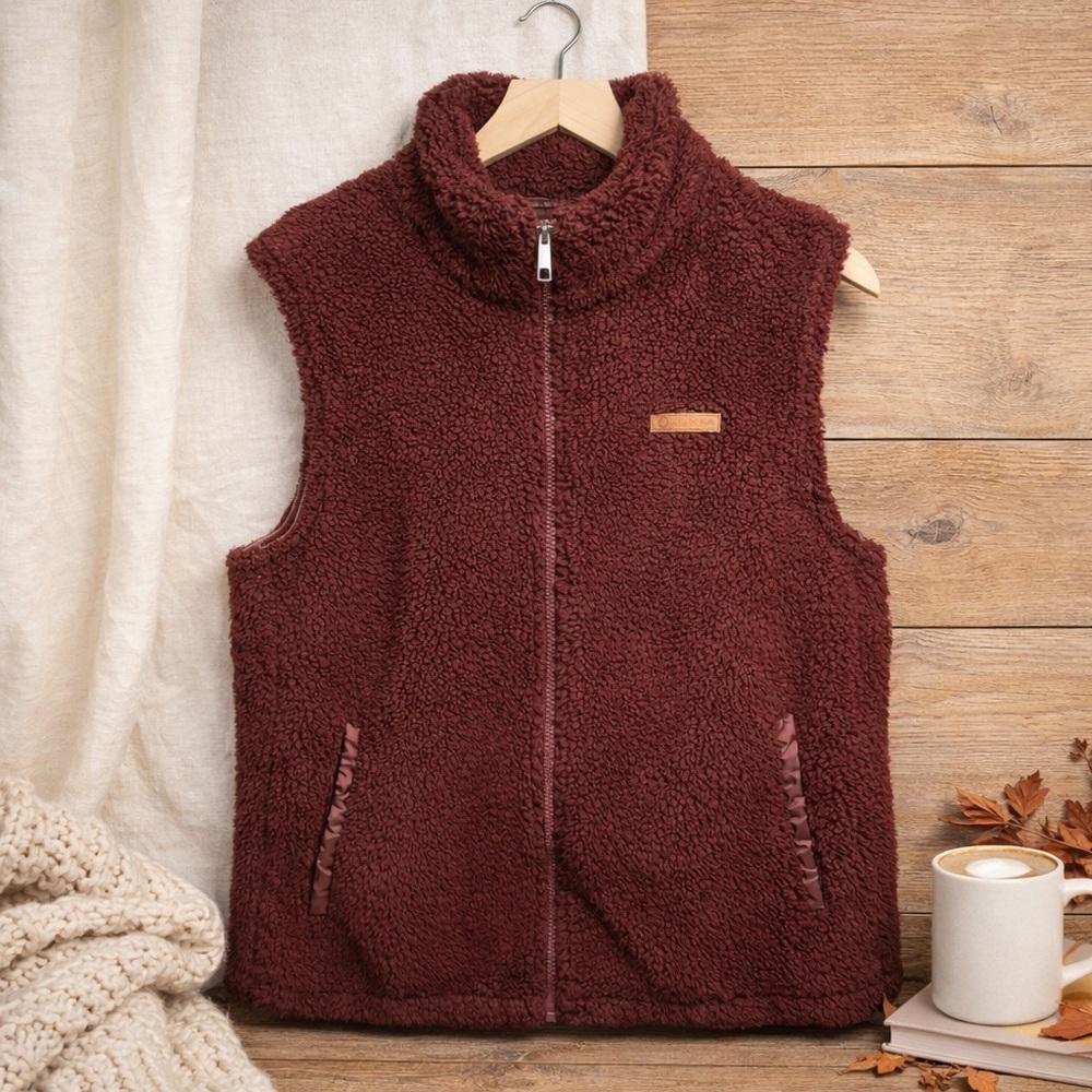 Sage Collective Burgundy Sherpa Vest with Patterned Flannel lining